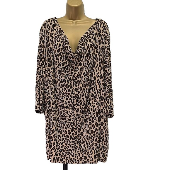 Lane Bryant Leopard Print Knit Tunic 26 28 Plus Cowl Zip Shoulder Detail Office - Picture 1 of 9